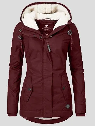 Coats Plush Padded Zipper Pocket Hooded Cotton Coat for Women