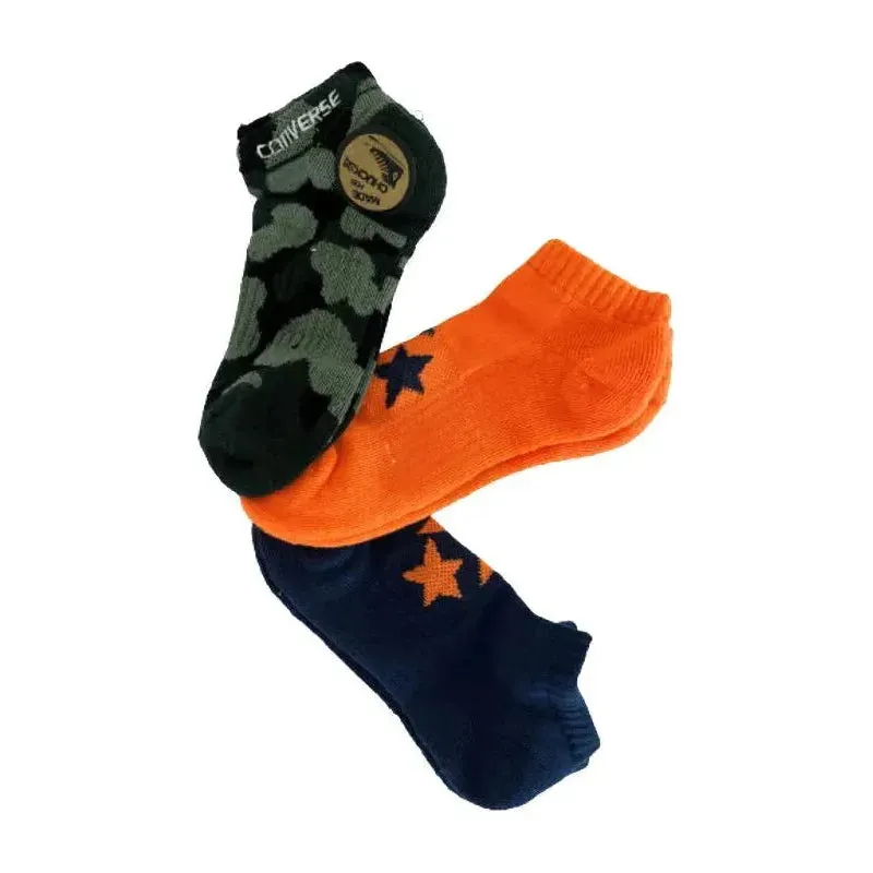 Converse Youth Low Cut Socks in Orange, Navy & Camouflage - 3 Pack