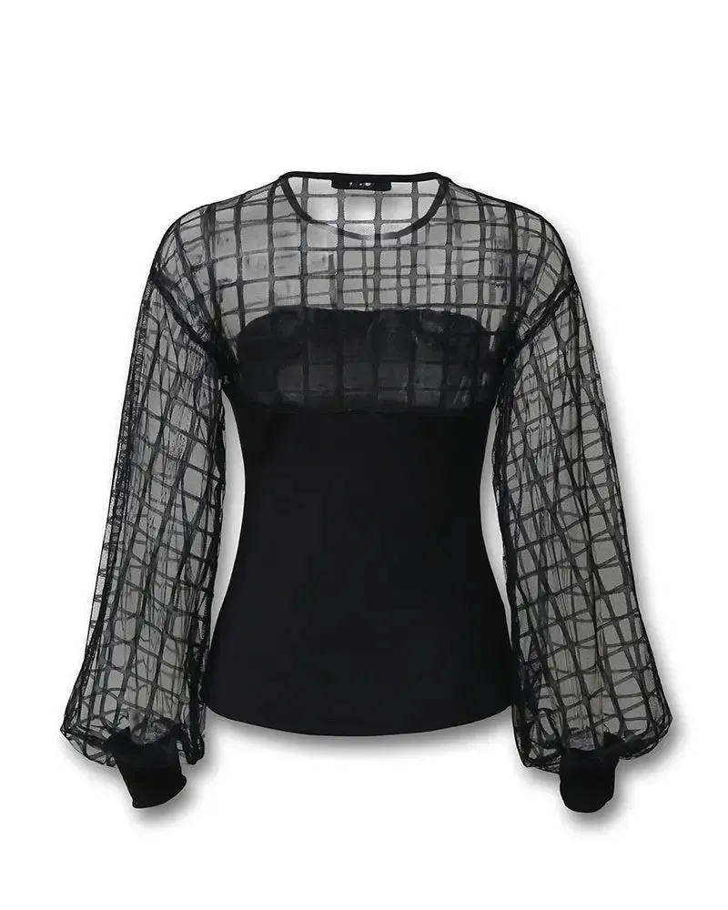 Deanwangkt - Checked Lantern Sleeve Sheer Mesh Top