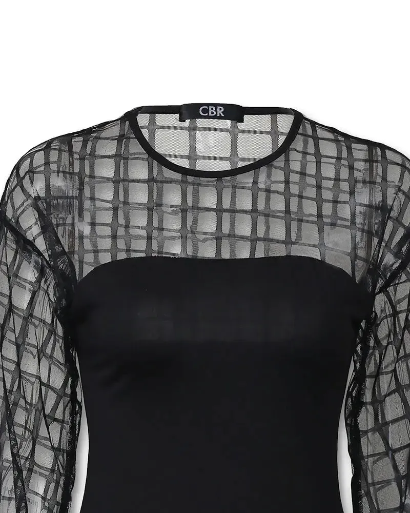 Deanwangkt - Checked Lantern Sleeve Sheer Mesh Top