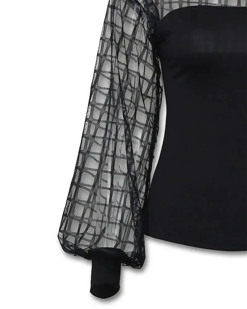 Deanwangkt - Checked Lantern Sleeve Sheer Mesh Top