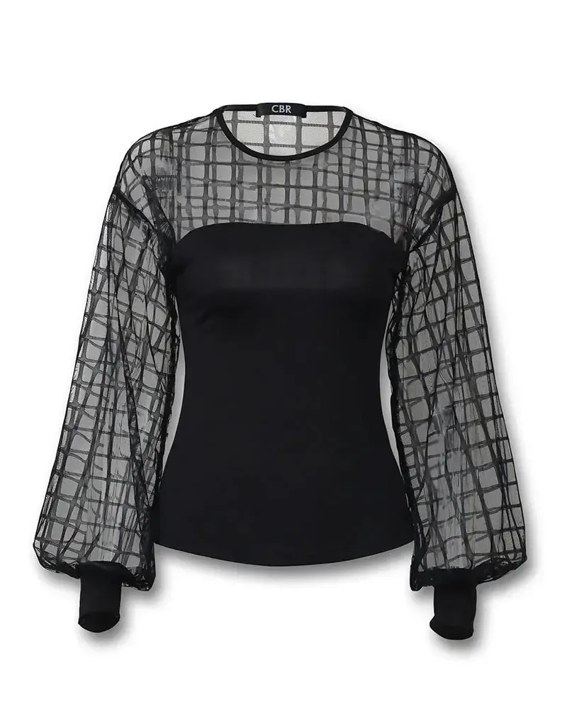 Deanwangkt - Checked Lantern Sleeve Sheer Mesh Top