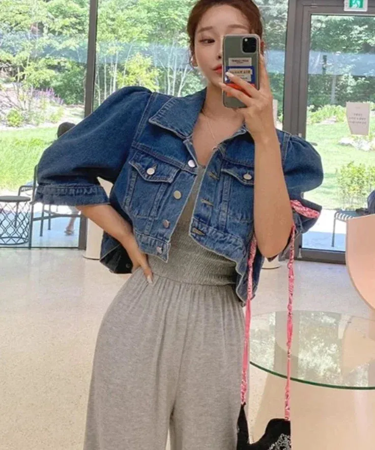 deanwangkt Crop Denim Jacket Women Puff Sleeve Summer Street Korean Fashion Designer Short Blue Jean Coat Ladies Outerwear