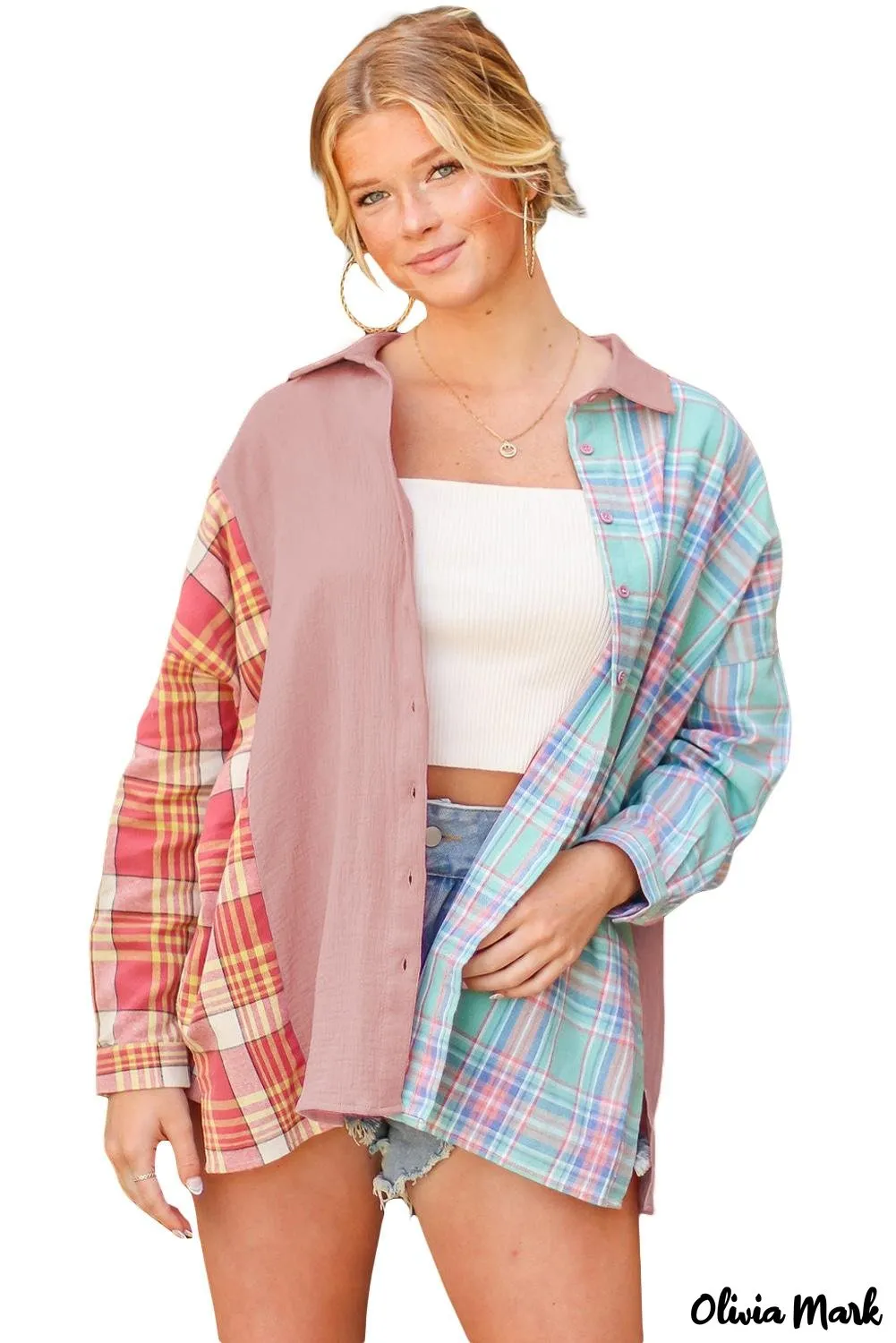 Deanwangkt - Pink Contrast Color Block Check Shirt