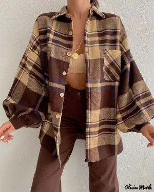 Deanwangkt - Plaid Print Lantern Sleeve Button-Up Jacket