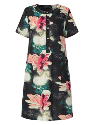 deanwangkt Women Ethnic Style Floral Print Short Sleeve Half Button Front Vintage Dresses