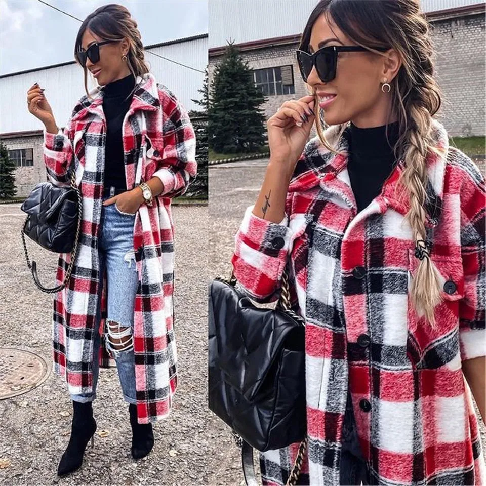 deanwangkt Women's Coat Autumn Winter Long Sleeve Red Plaid Jacket Women Lapel Single Breasted Cardigan Coat Turndown Collar Women Coat