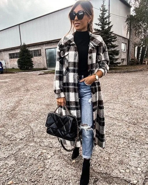 deanwangkt Women's Coat Autumn Winter Long Sleeve Red Plaid Jacket Women Lapel Single Breasted Cardigan Coat Turndown Collar Women Coat