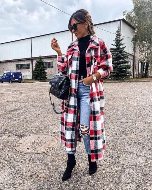 deanwangkt Women's Coat Autumn Winter Long Sleeve Red Plaid Jacket Women Lapel Single Breasted Cardigan Coat Turndown Collar Women Coat