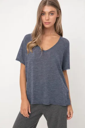 Denim Slubby V Neck Top