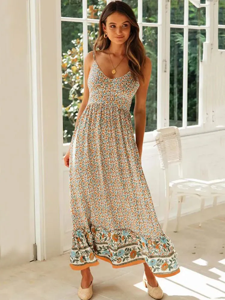 DressBetty - 2024 Bohemian Party Flower Spaghetti Strap Summer Maxi Boho Dress