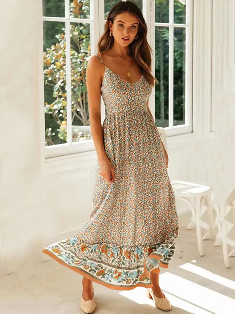 DressBetty - 2024 Bohemian Party Flower Spaghetti Strap Summer Maxi Boho Dress