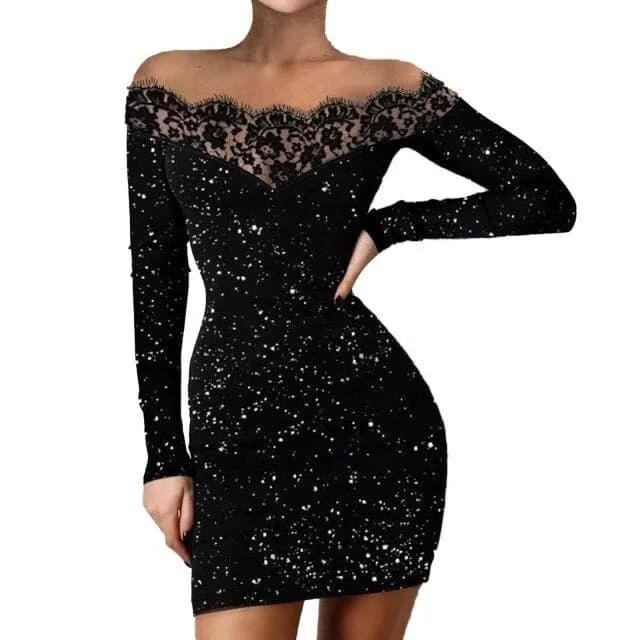 DressBetty - Women Fashion Glitter Perspective Evening Party Dresses Elegant Streetwear Flower Lace Neck Long Sleeve Mini Dress  Robe