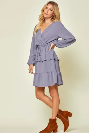 Dusty Blue Surplice Long Sleeve Dress