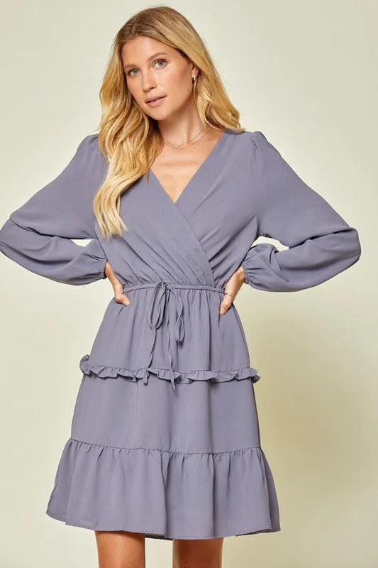 Dusty Blue Surplice Long Sleeve Dress