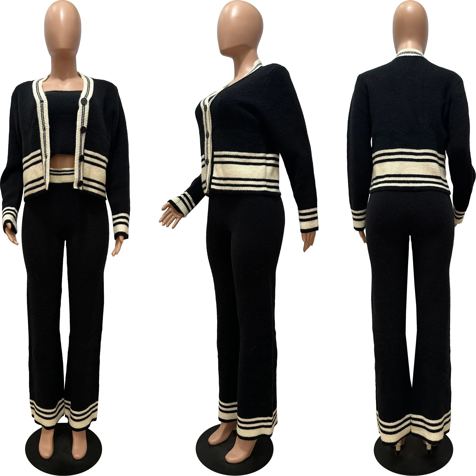 Fashion Knitted Cardigan Stripe Splicing Casual Set (3-Piece Set) AY3602