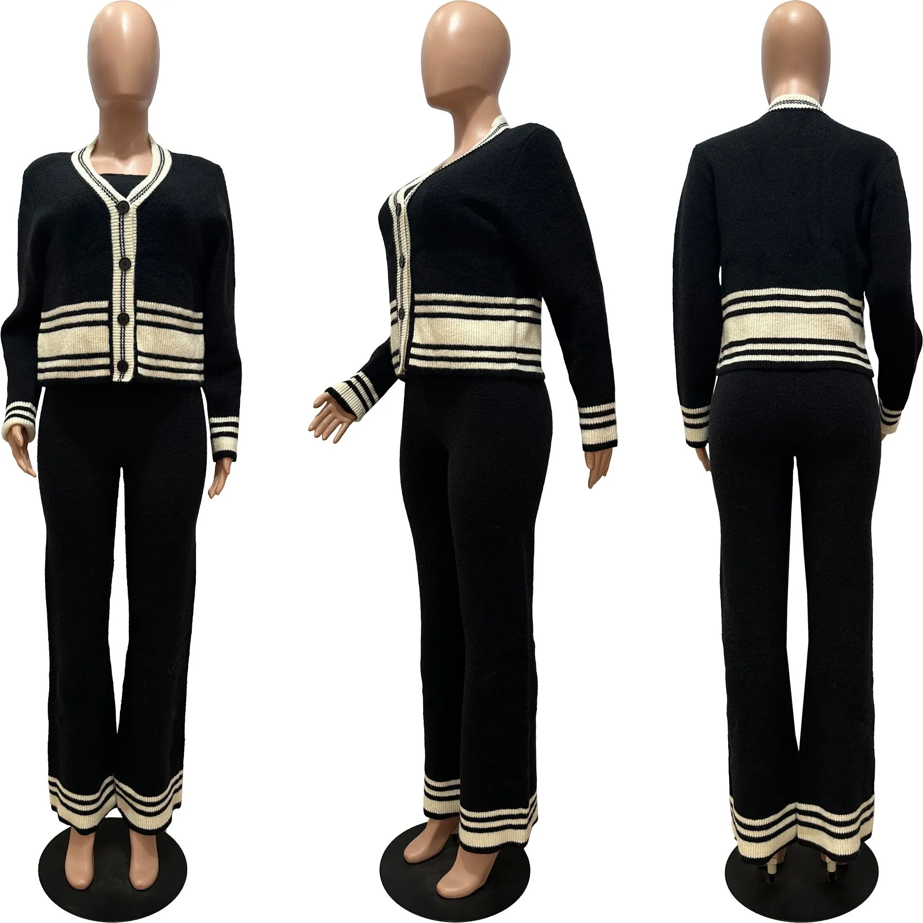 Fashion Knitted Cardigan Stripe Splicing Casual Set (3-Piece Set) AY3602