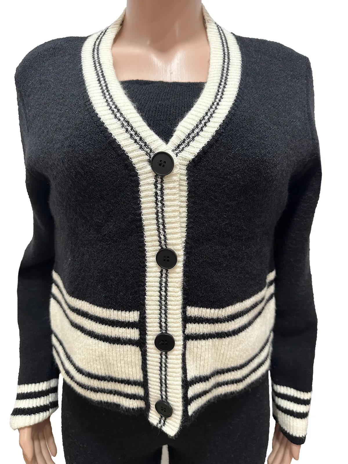 Fashion Knitted Cardigan Stripe Splicing Casual Set (3-Piece Set) AY3602