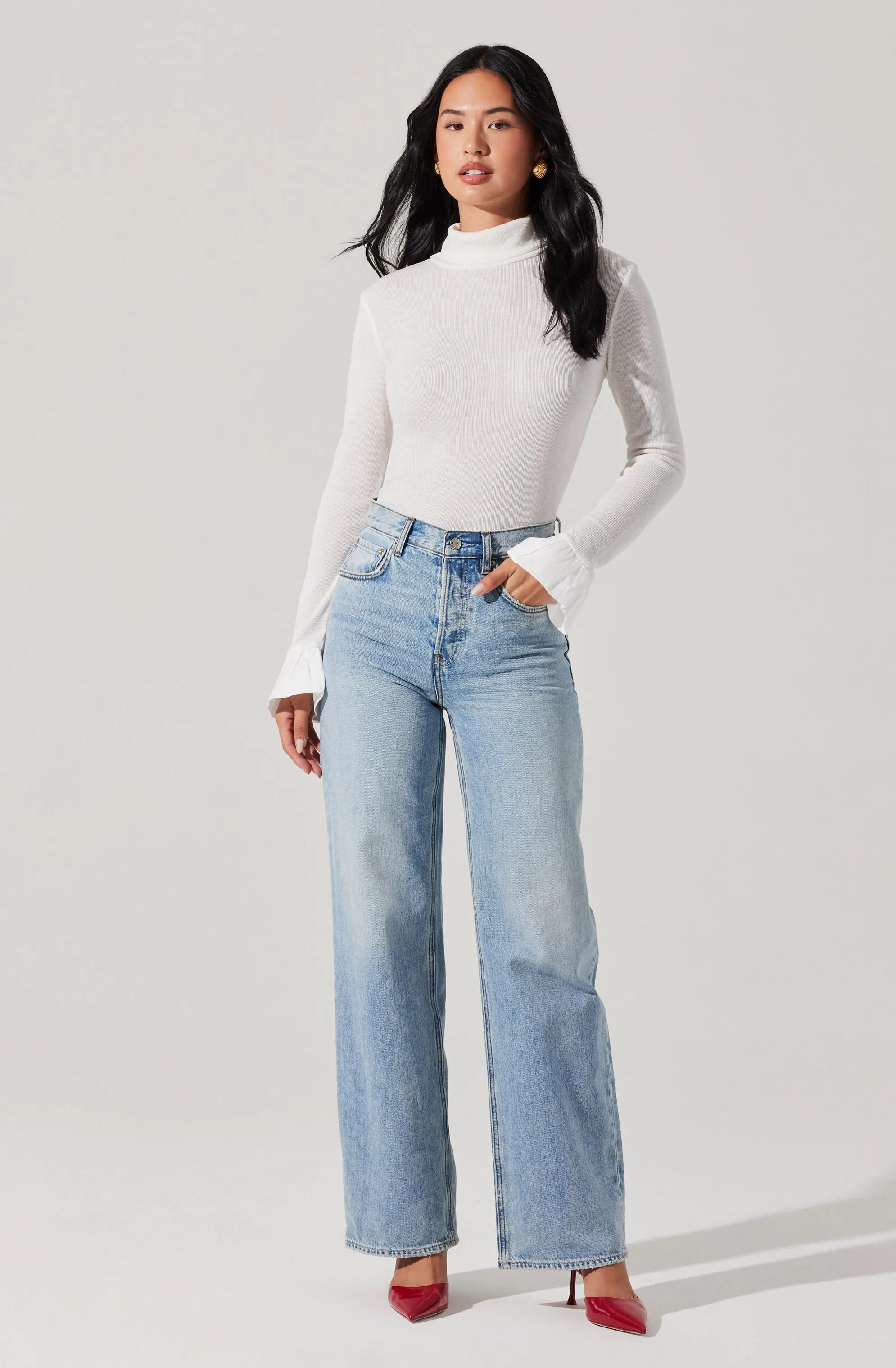 Flare Sleeve Ribbed Turtleneck