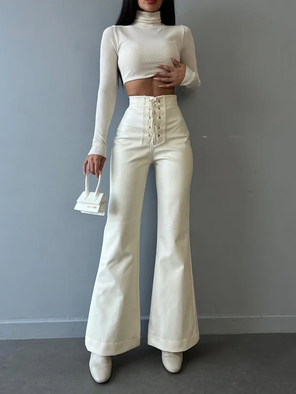 Flared High Waisted Lace-Up Split-Joint Pants Trousers