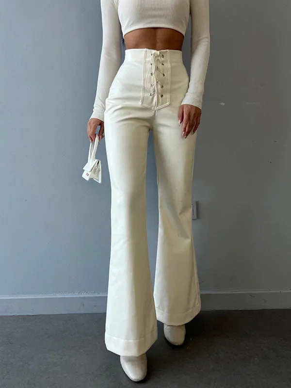 Flared High Waisted Lace-Up Split-Joint Pants Trousers