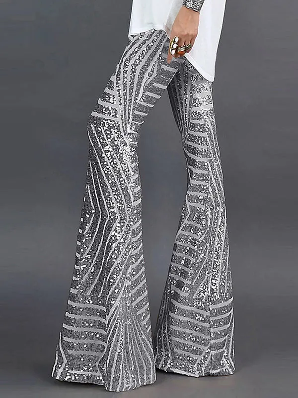 Flared Pants High Waisted Contrast Color Striped Sequined Pants