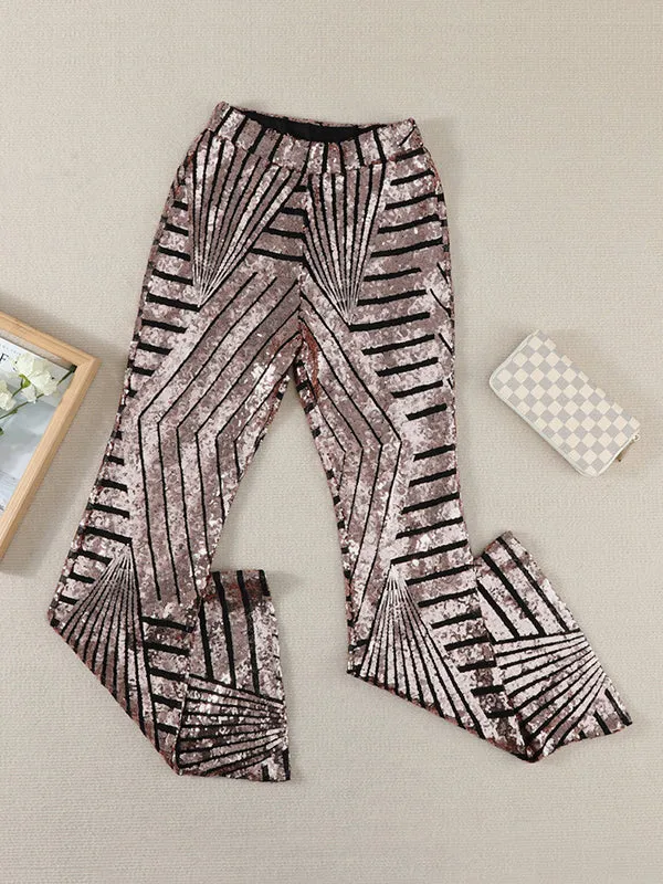 Flared Pants High Waisted Contrast Color Striped Sequined Pants