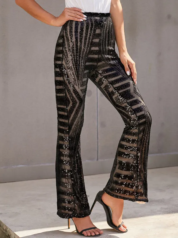 Flared Pants High Waisted Contrast Color Striped Sequined Pants