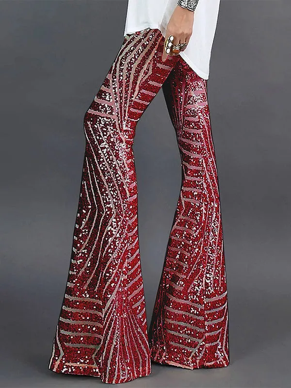 Flared Pants High Waisted Contrast Color Striped Sequined Pants