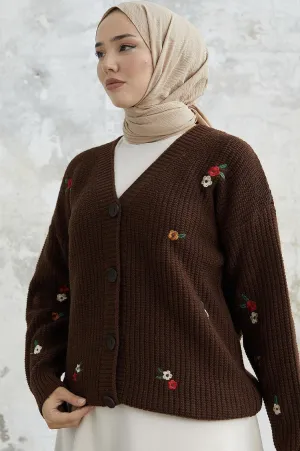 Floral Embroidered Cardigan Sweater - Dark Brown | V-Neck Daisy Embroidered Women's Cardigan