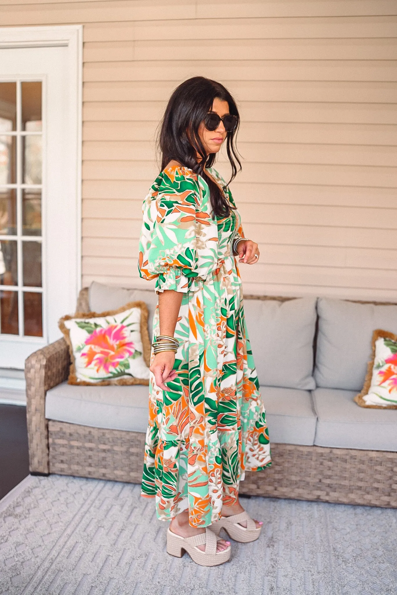 Floral Tropic Orange Midi Dress