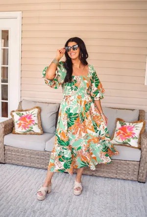 Floral Tropic Orange Midi Dress