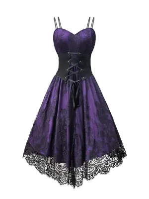 Girlary 2024 Purple Elegant Spaghetti Strap High Waist Corset Dress Gothic Women Cosplay Party Vintage Costume Lace Long Dresses