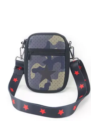 GREEN CAMO WITH BLACK STAR MULTI ZIPPER NEOPRENE PHONE HOLDER W/1.25" STAR STRAP