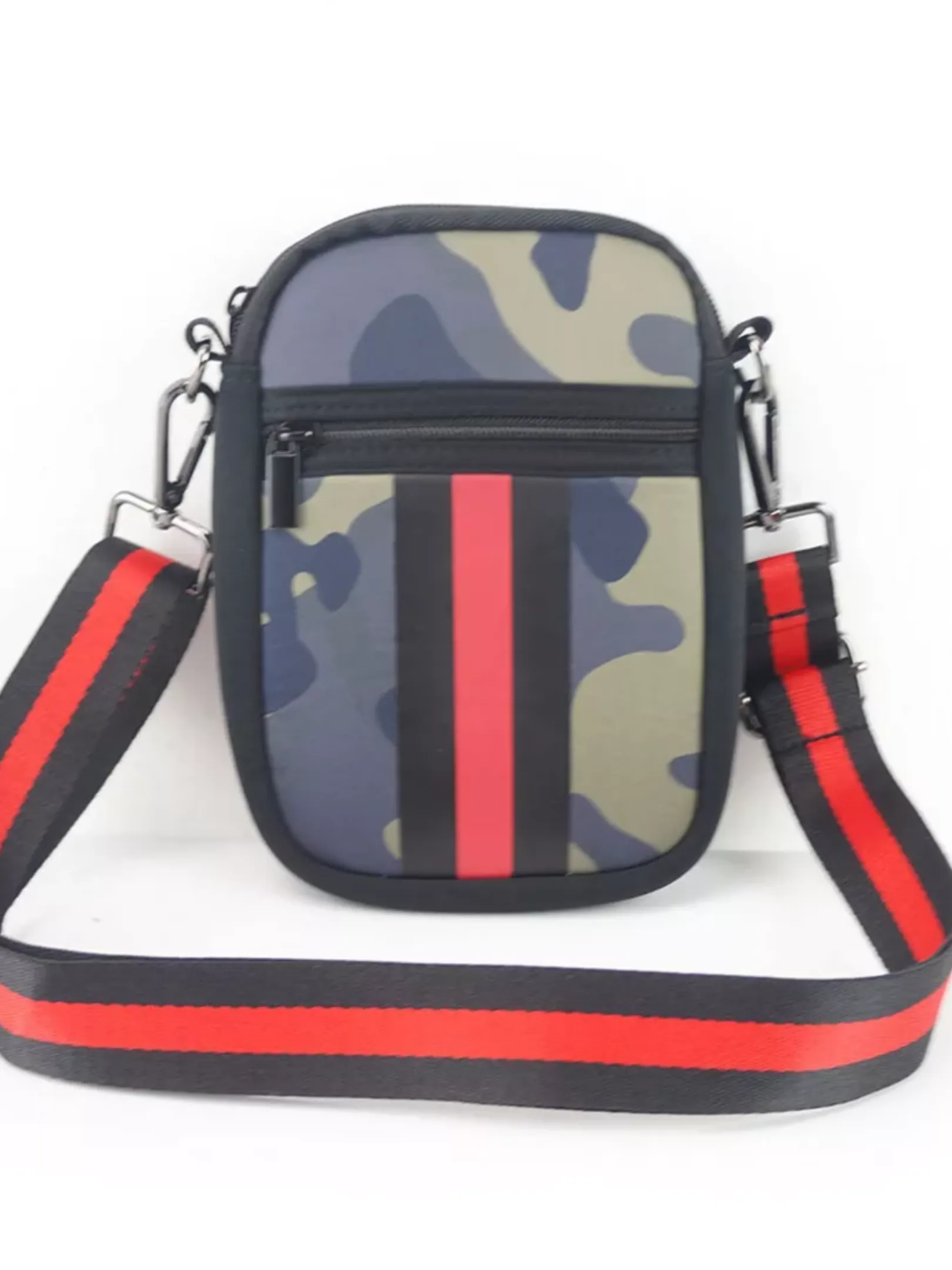 GREEN CAMO WITH RED STRIPE MULTI ZIPPER NEOPRENE PHONE HOLDER W/1.25" STRIPE STRAP