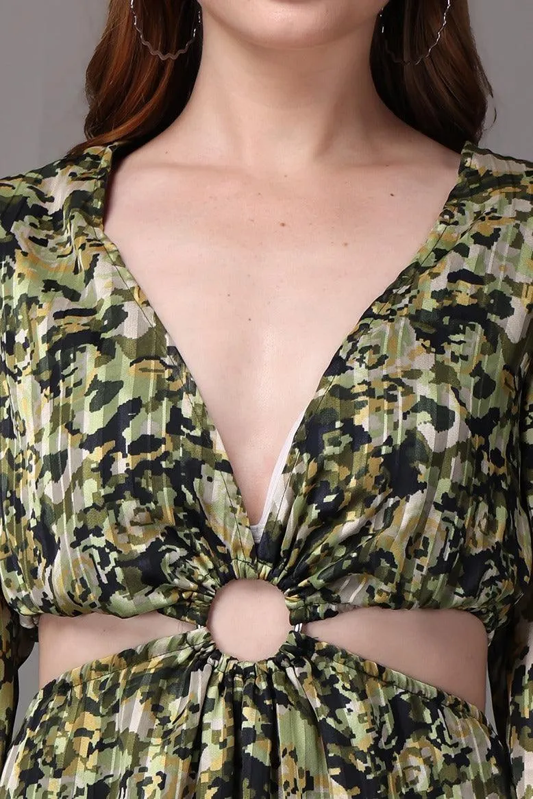 Green Camouflage Printed Asymmetric Dress