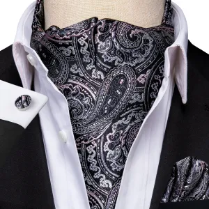 Grey Pink Paisley Ascot Pocket Square Cufflinks Set