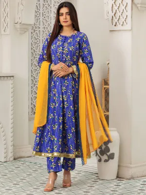 Heera's Blue Cambric 3-Piece Frock Suit