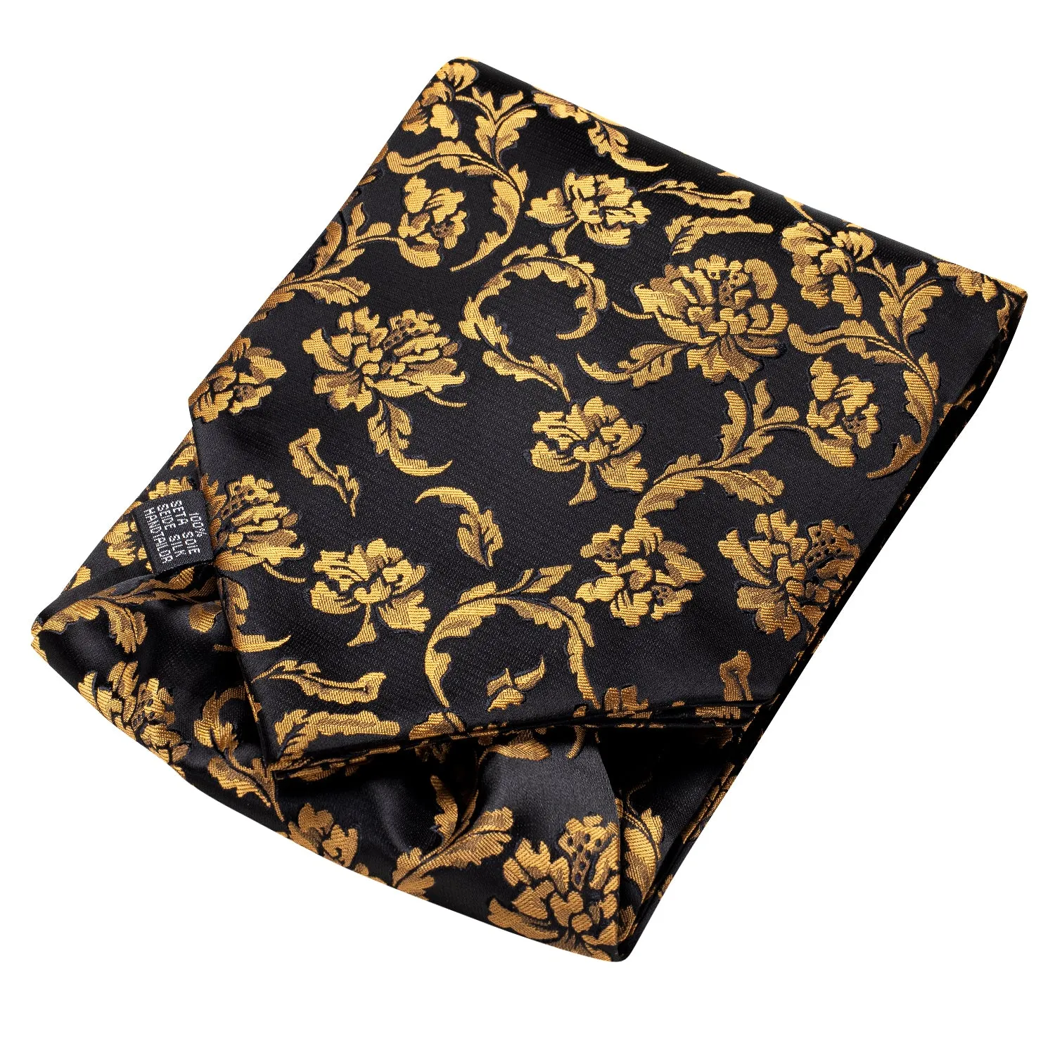 Hi-Tie Black Golden Floral Silk Ascot Tie Pocket Square Cufflinks Set