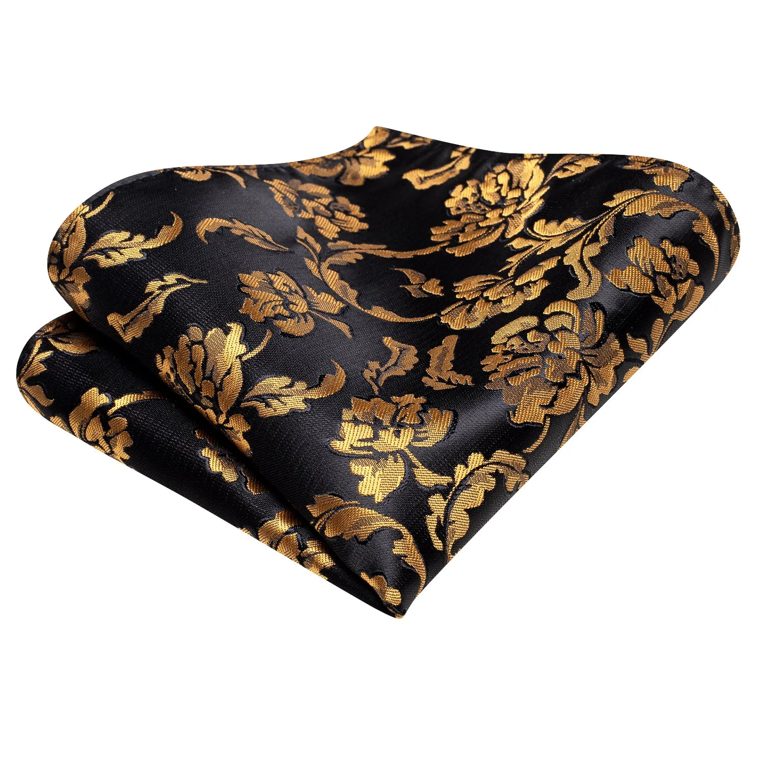 Hi-Tie Black Golden Floral Silk Ascot Tie Pocket Square Cufflinks Set