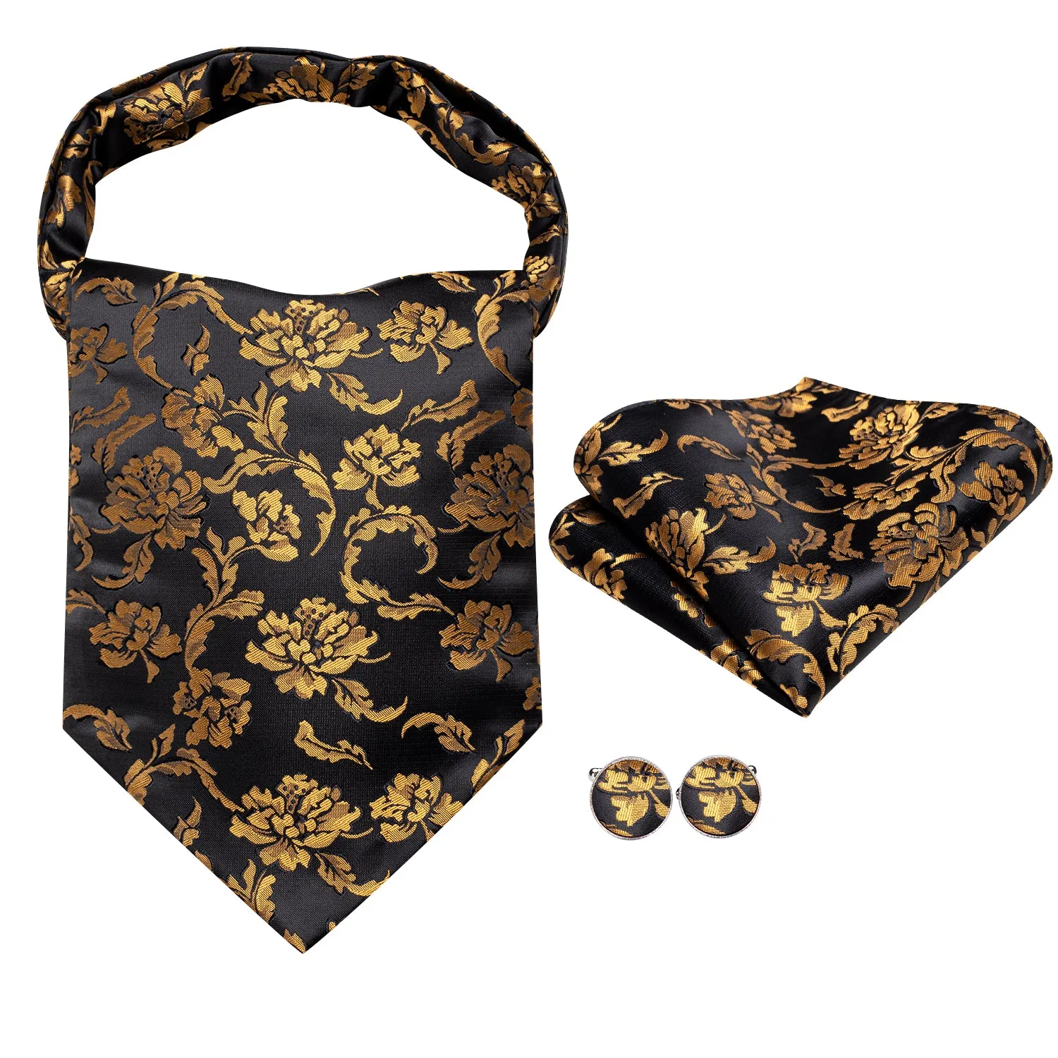 Hi-Tie Black Golden Floral Silk Ascot Tie Pocket Square Cufflinks Set