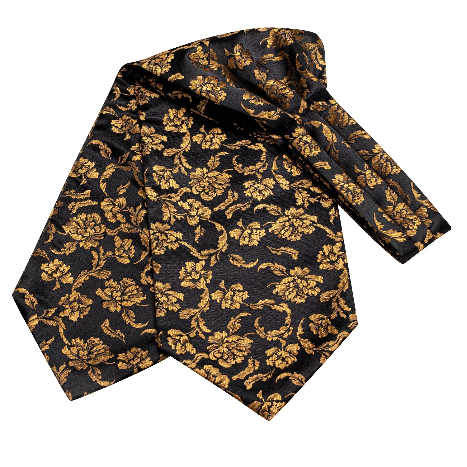 Hi-Tie Black Golden Floral Silk Ascot Tie Pocket Square Cufflinks Set