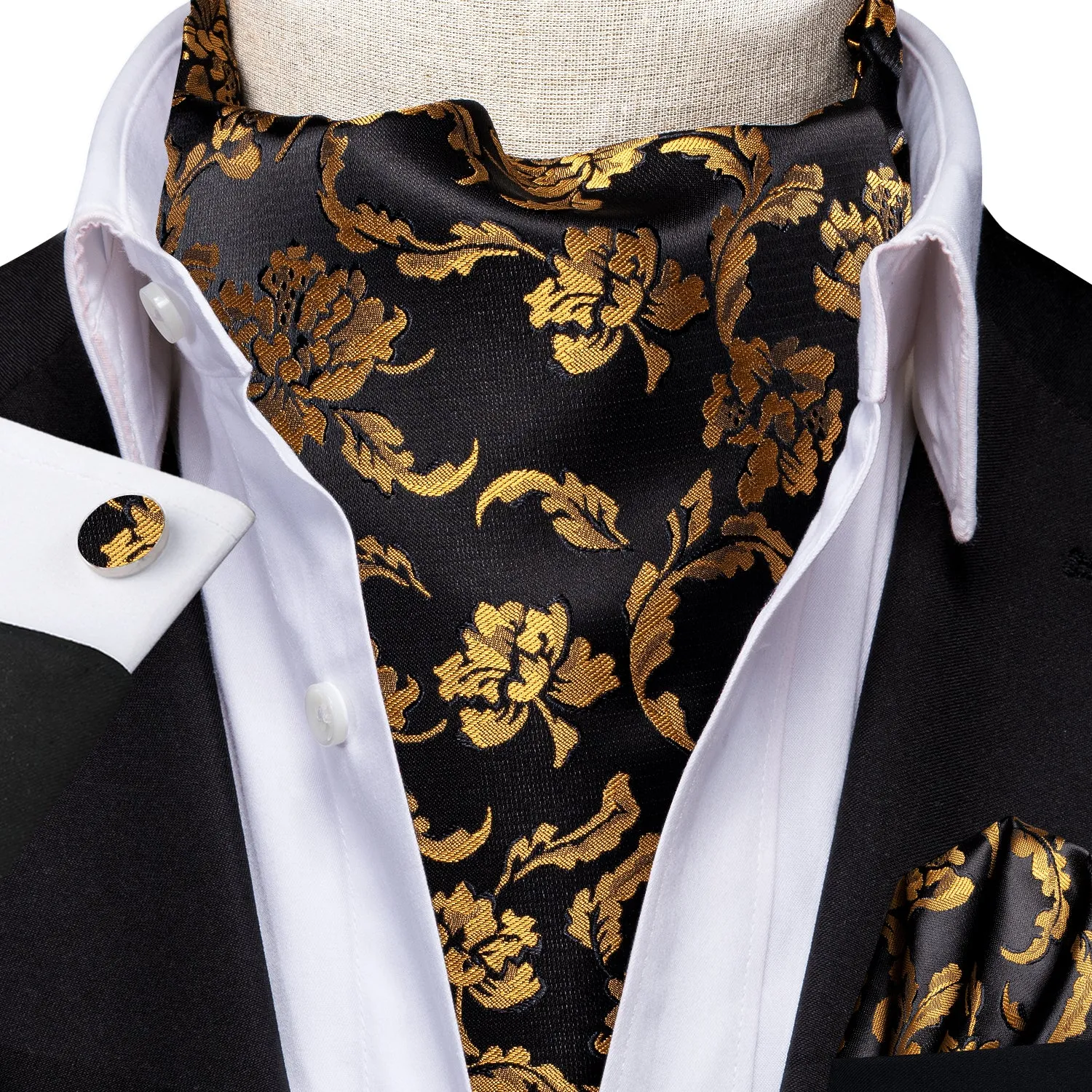 Hi-Tie Black Golden Floral Silk Ascot Tie Pocket Square Cufflinks Set