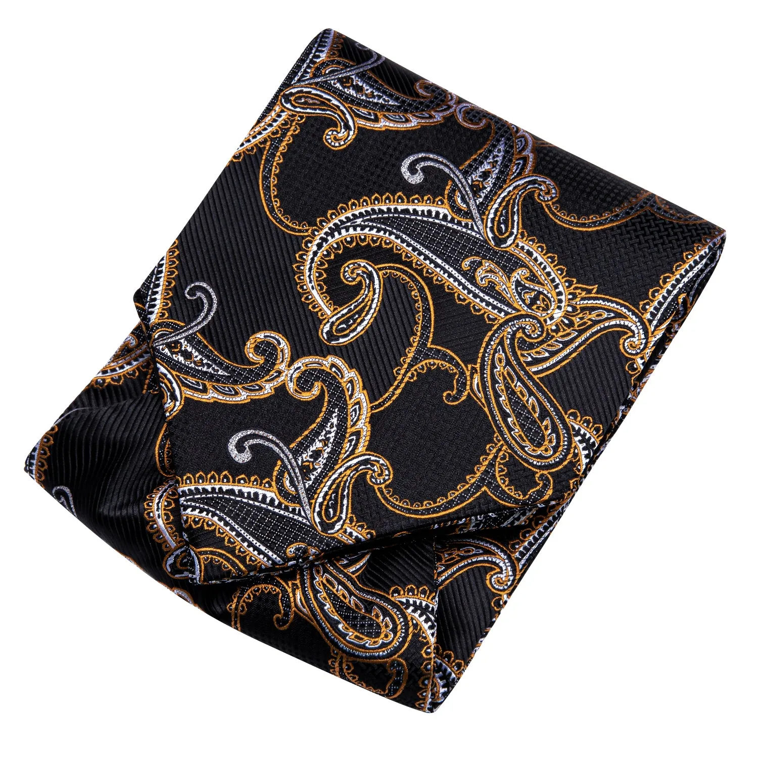 Hi-Tie Black Golden Paisley Ascot Pocket Square Cufflinks Set