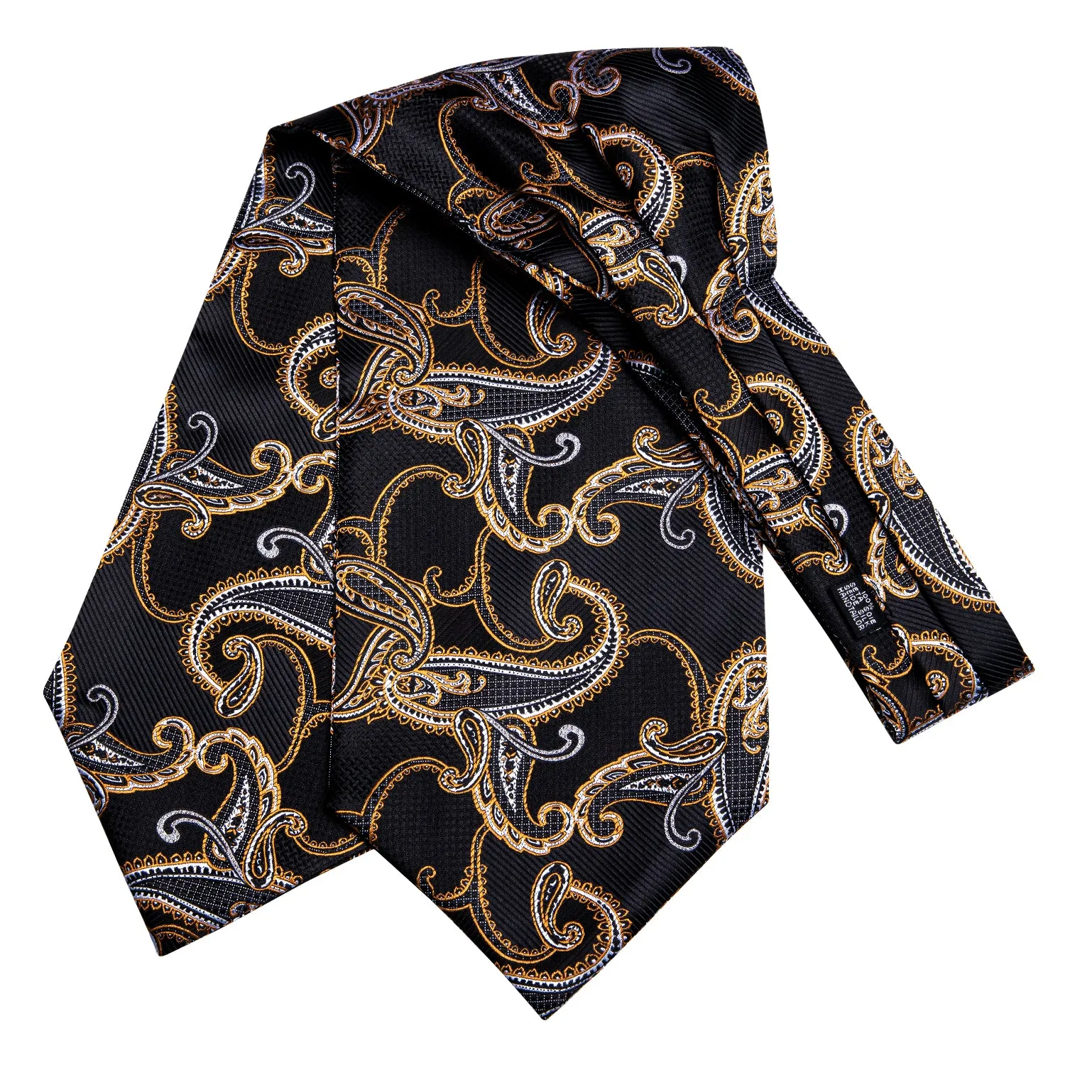 Hi-Tie Black Golden Paisley Ascot Pocket Square Cufflinks Set