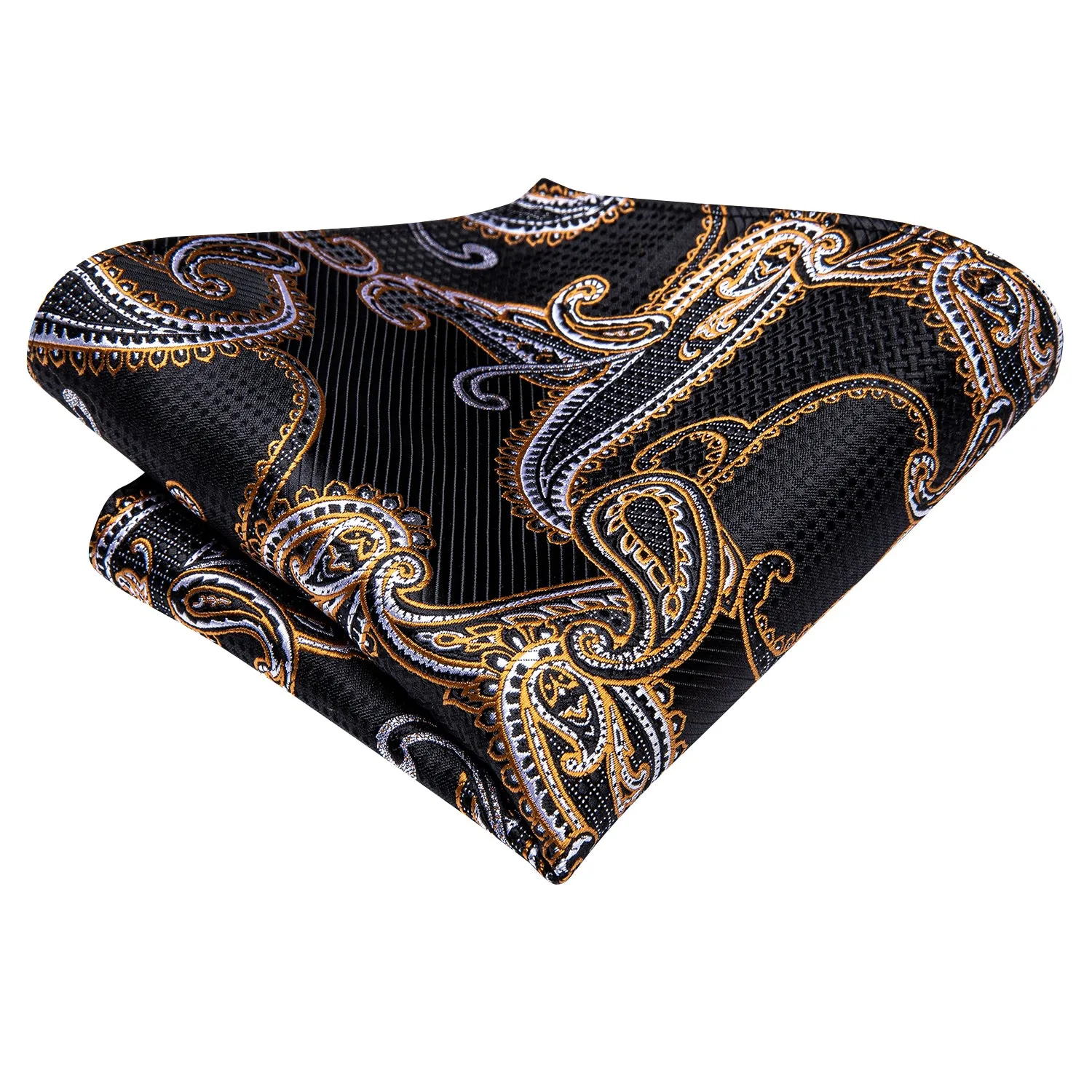 Hi-Tie Black Golden Paisley Ascot Pocket Square Cufflinks Set