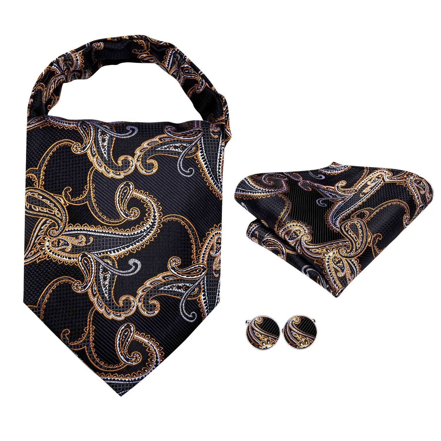 Hi-Tie Black Golden Paisley Ascot Pocket Square Cufflinks Set