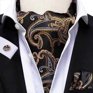 Hi-Tie Black Golden Paisley Ascot Pocket Square Cufflinks Set