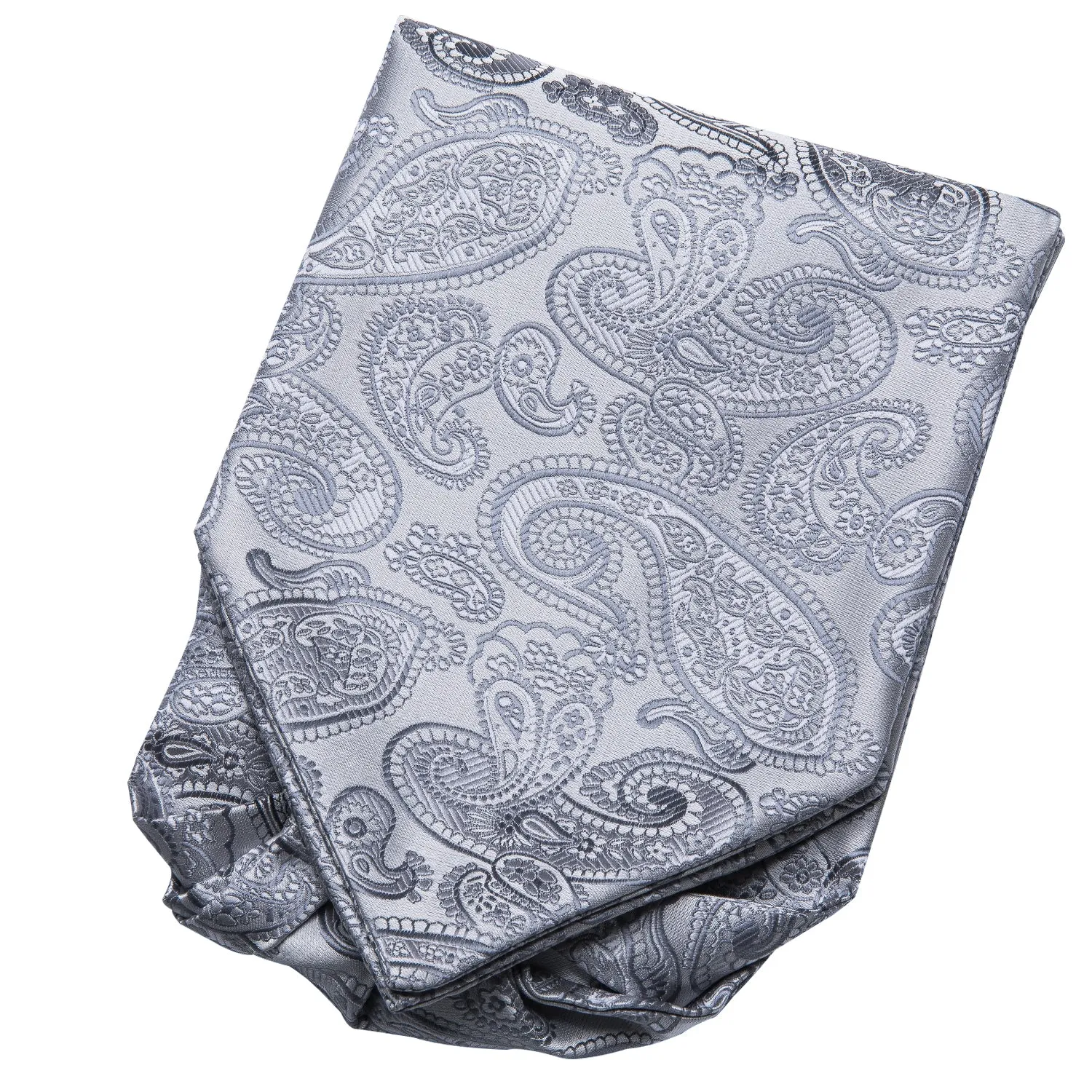 Hi-Tie Silver Paisley Silk Ascot Pocket Square Cufflinks Set Wedding