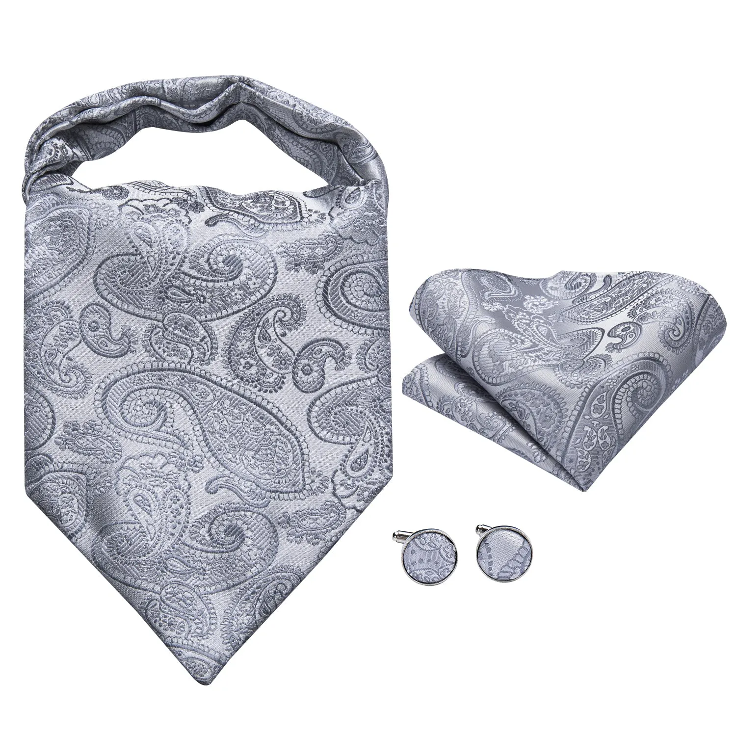 Hi-Tie Silver Paisley Silk Ascot Pocket Square Cufflinks Set Wedding